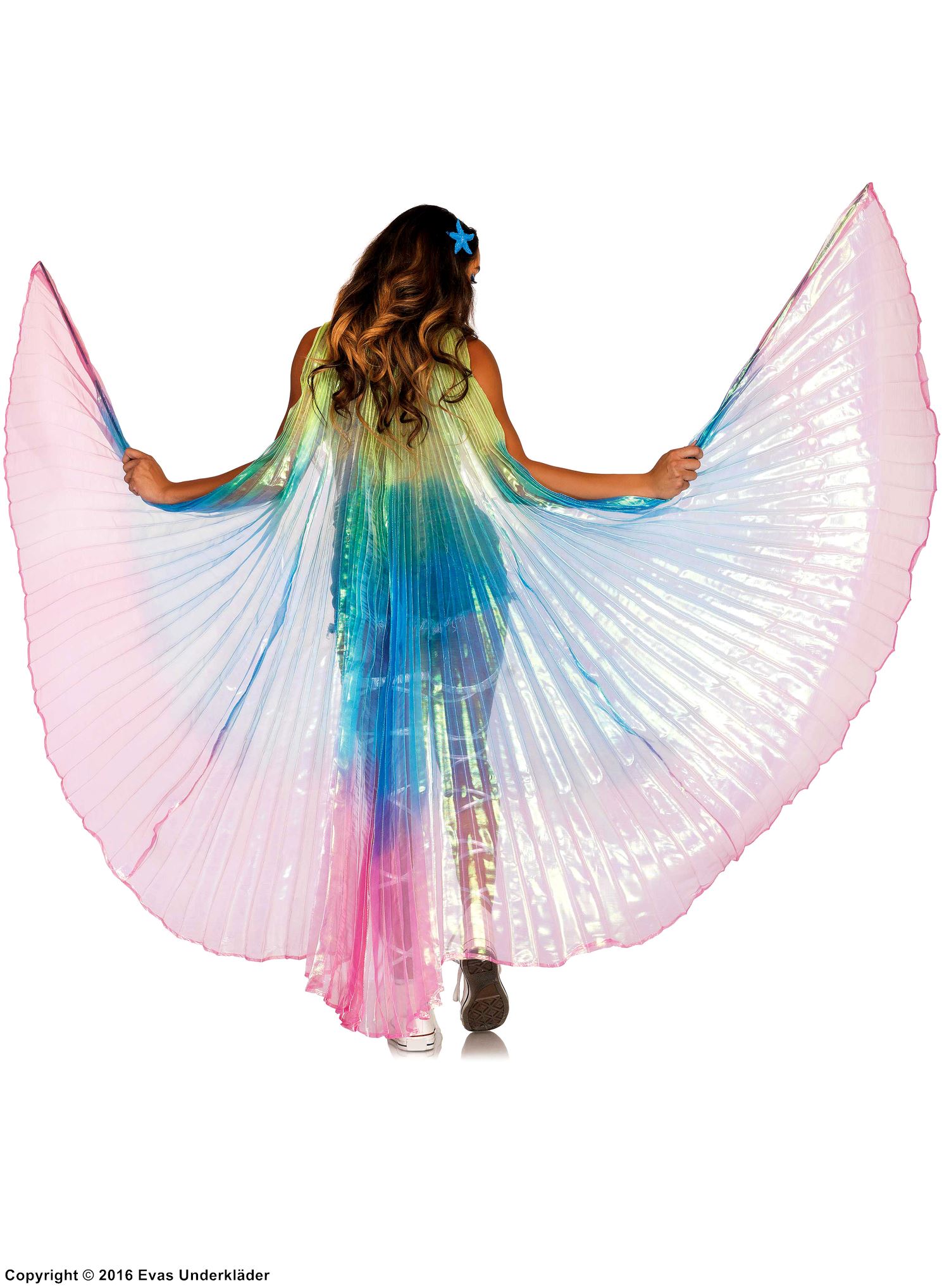 Egyptian goddess Isis, costume wings, iridescent fabric, pleats